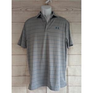 Under Armour Shirt Mens Med Gray Blue Polo Stripe Loose Heat Gear Short Sleeve